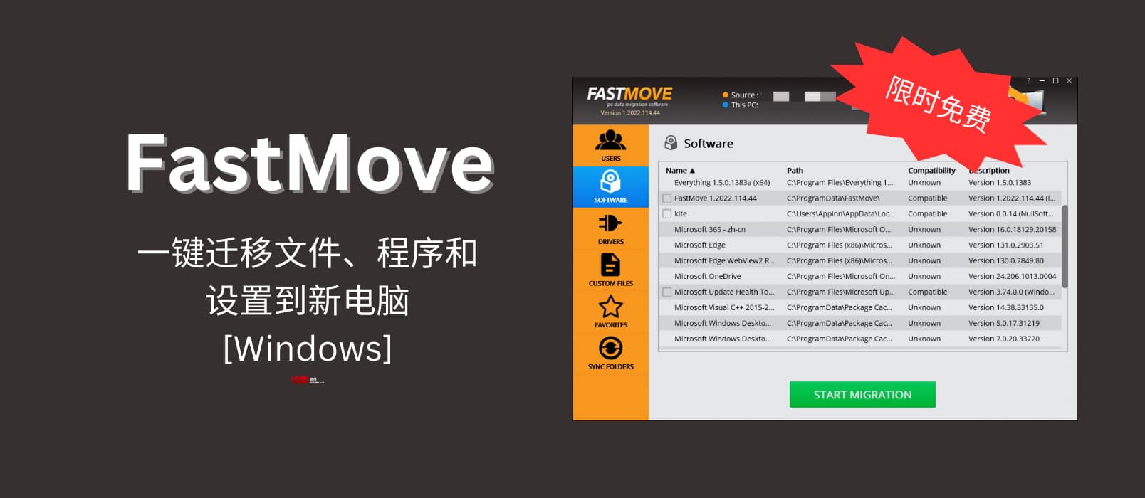 限时免费！FastMove：一键迁移文件、程序和设置到新电脑[Windows] 1